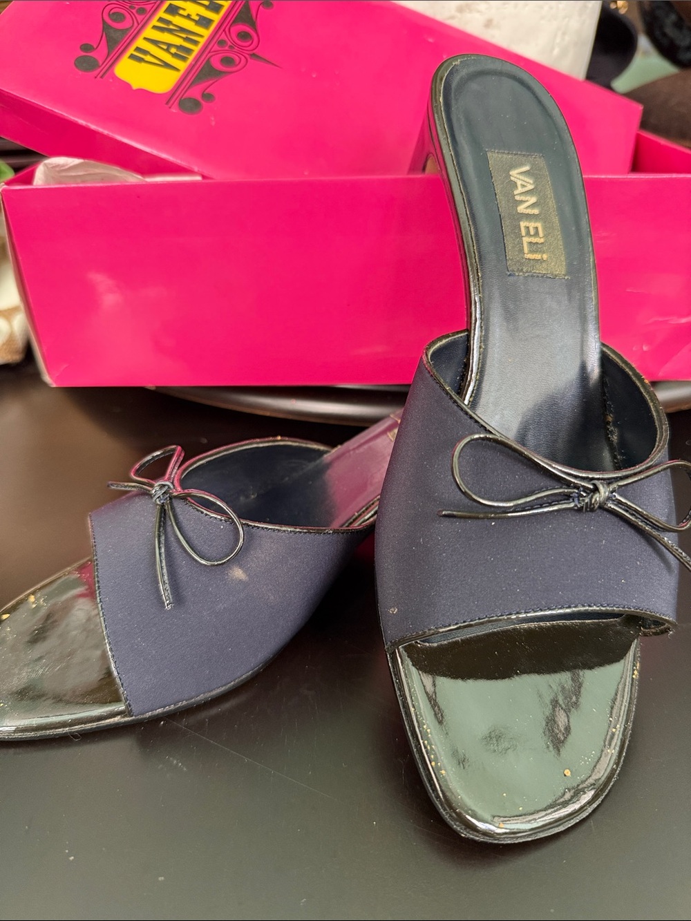 Vaneli navy and black slip-ons with slight heel